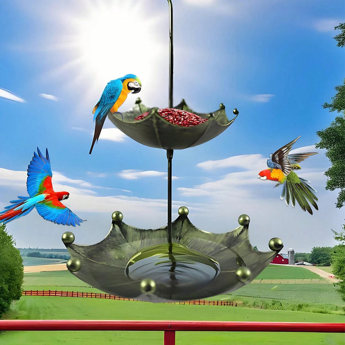 Antique Umbrella-Shaped Hanging Bird Feeder with Water Basin