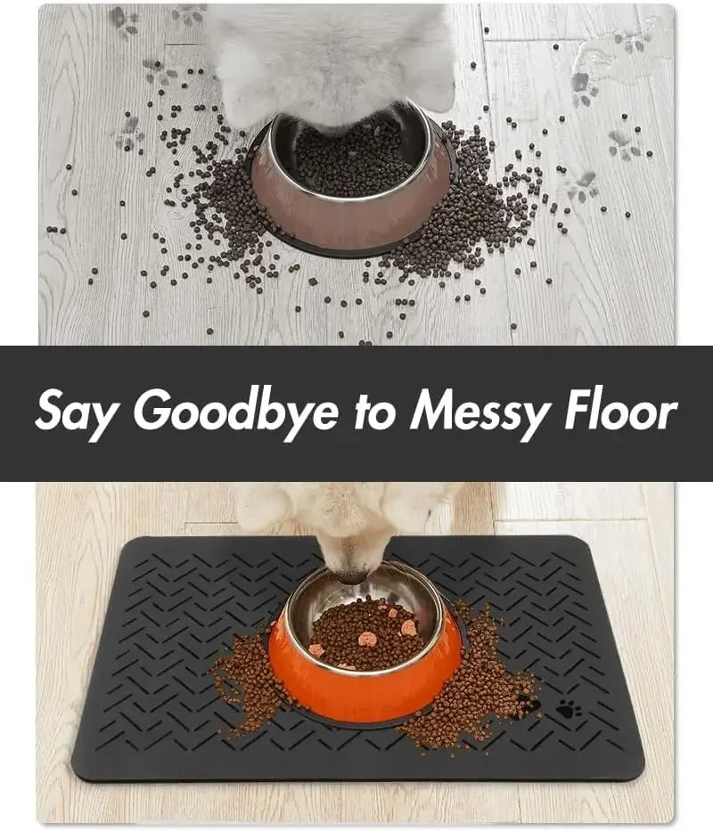 A pet feeding mat with a non-slip rubber backing is shown, featuring a bowl of pet food and scattered dry food on the mat.