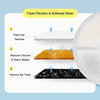 Diagram showing a three-stage filtration process for softened water, including filter hair residue, heavy metal removal, and
