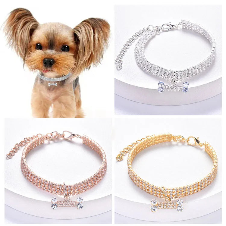 Crystal Rhinestone Dog Collar with Bone Pendant