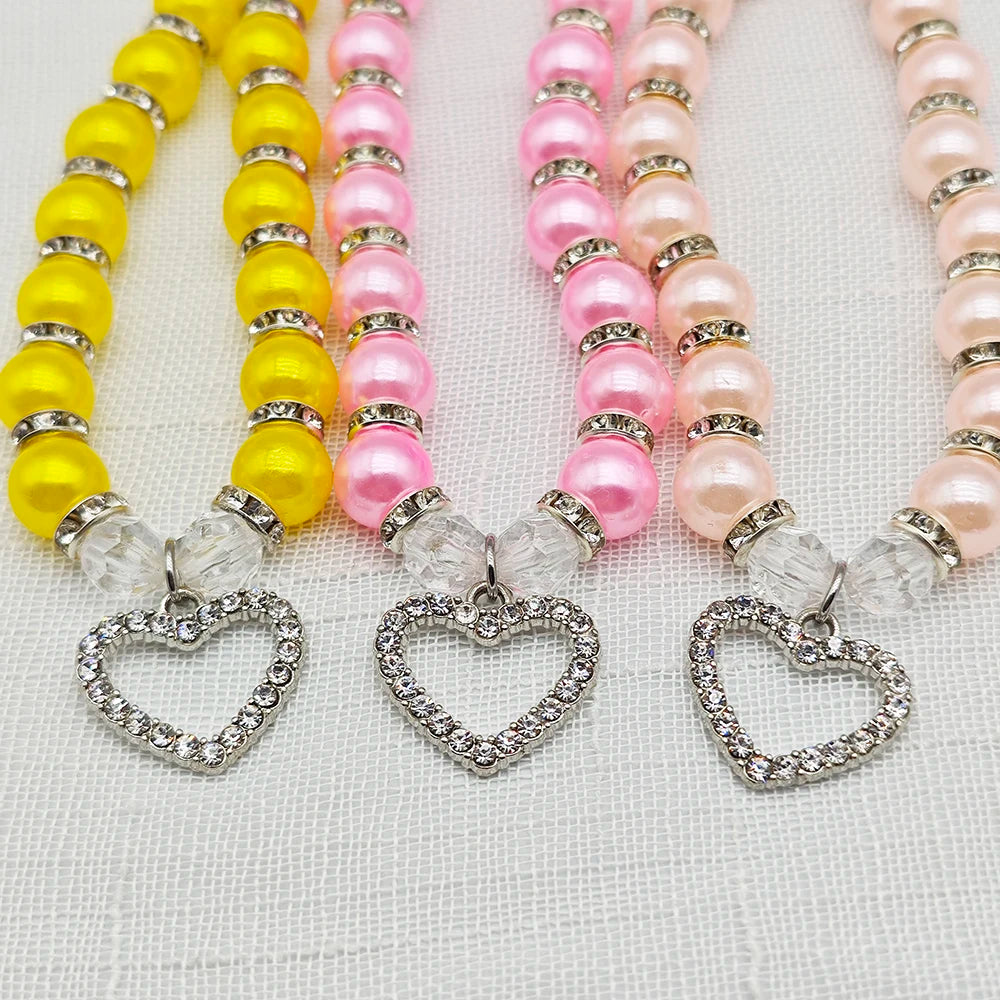 Pearl Pet Necklace with Heart-Shaped Rhinestone Pendant