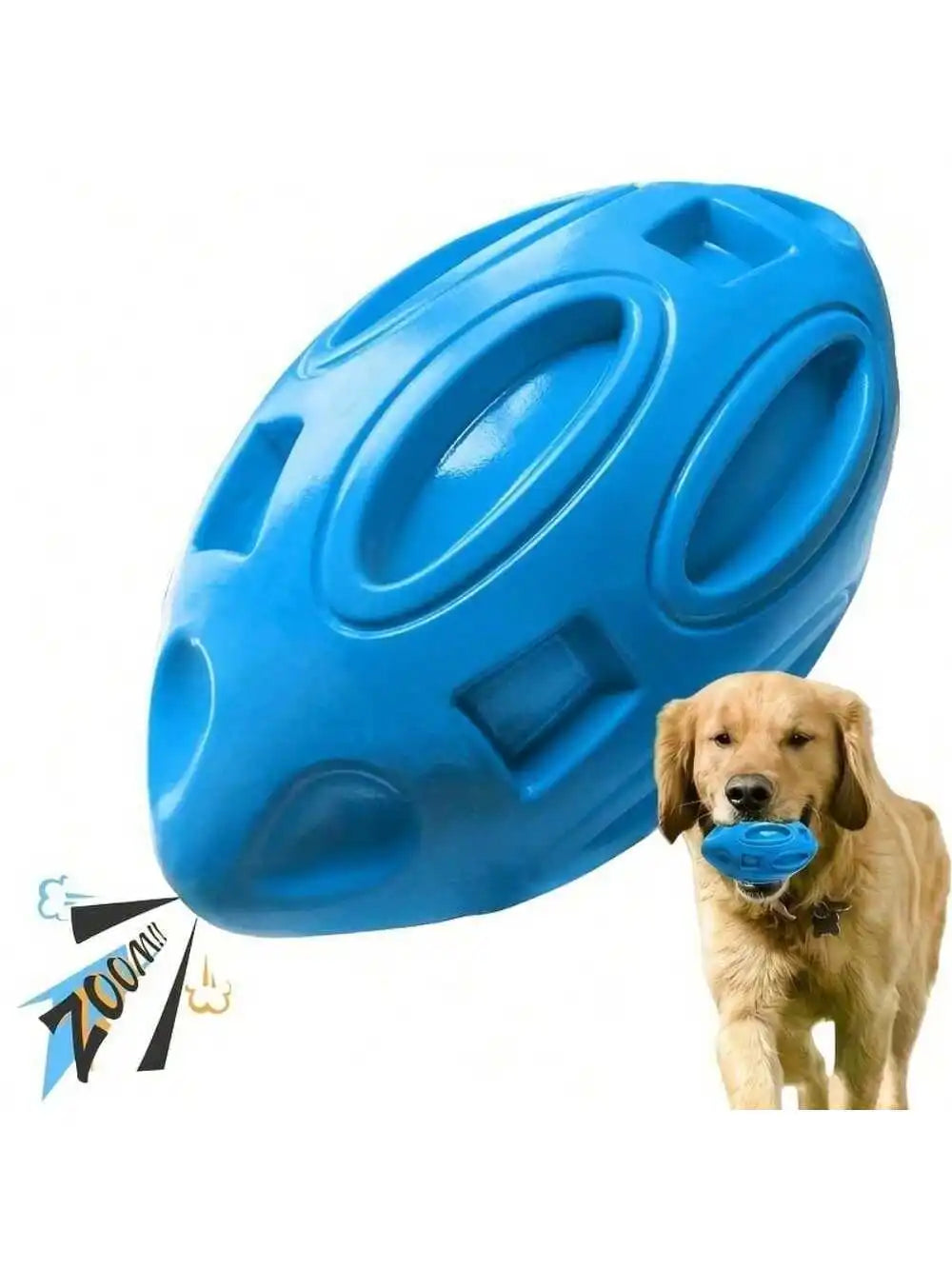 A blue indestructible squeaky rugby ball dog chew toy is shown next to a golden retriever.