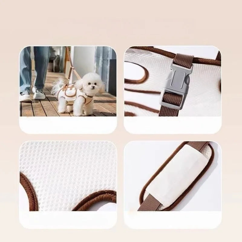 A breathable dog sling carrier for small pets shown in various views, including a white fabric and brown leather strap.