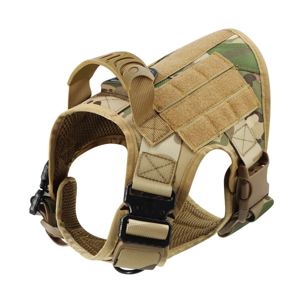 A tan tactical dog harness with a MOLLE system and leash attachments.