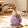 A purple plush ball with a brown feather teaser attached, resting on a light-colored mat.