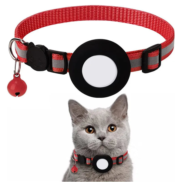 A red woven collar with a black circular tag and a reflective strip, shown next to a gray cat wearing a similar collar.