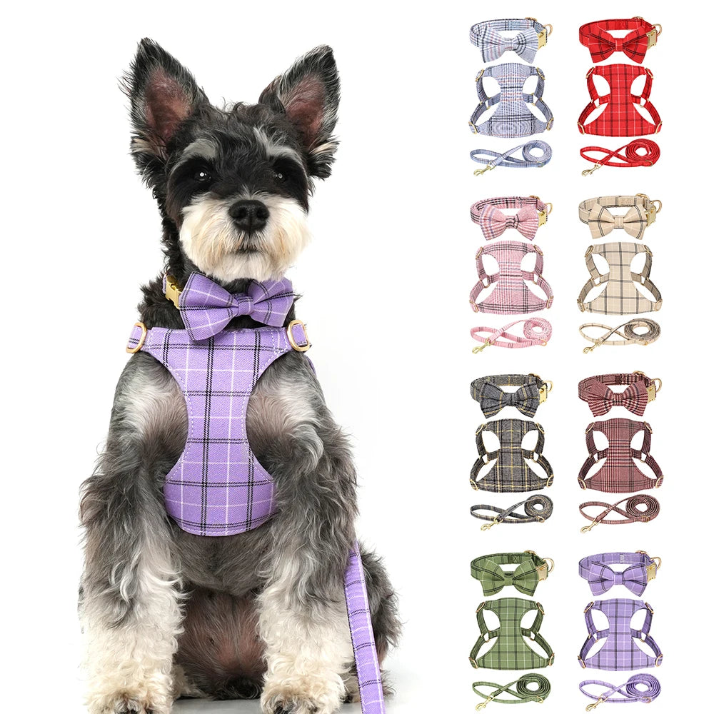Classic Plaid Dog Collar, Harness & Leash Set with Bowtie