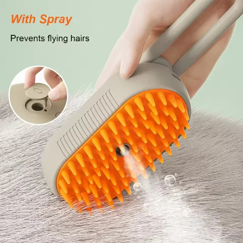 A hand is using an orange pet grooming comb with a spray feature to prevent flying hairs on a gray pet.