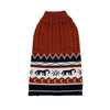 A knitted pet sweater for dogs and cats featuring a brown, navy blue, and white geometric pattern.