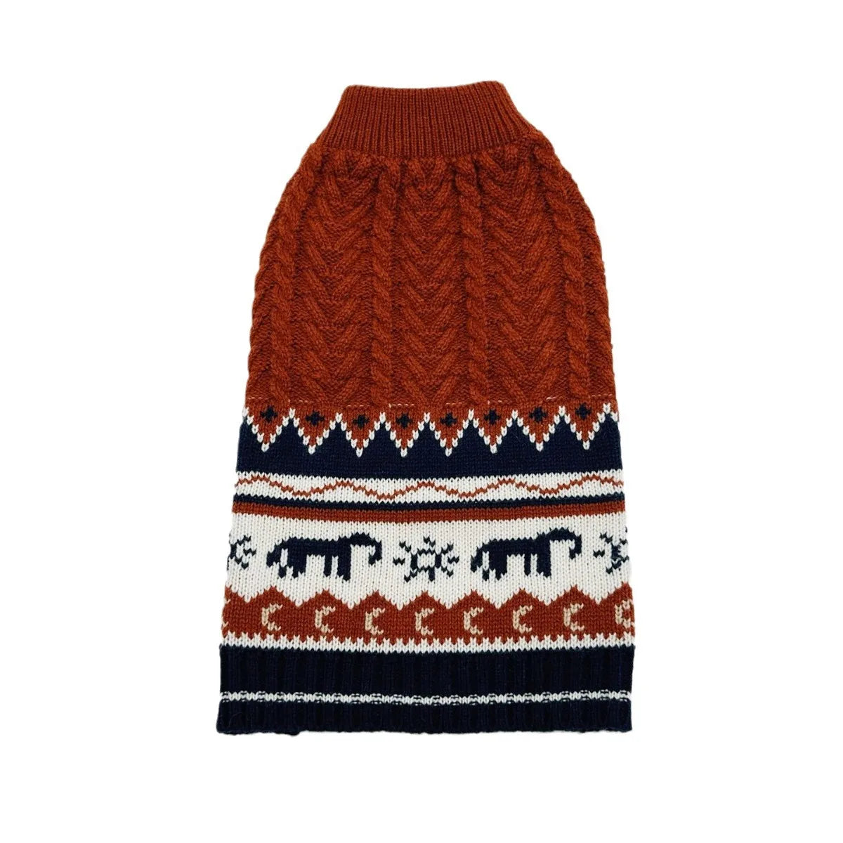 A knitted pet sweater for dogs and cats featuring a brown, navy blue, and white geometric pattern.