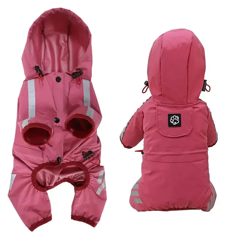 A pink reflective waterproof dog raincoat with a hood and four-leg coverage shown in front view.