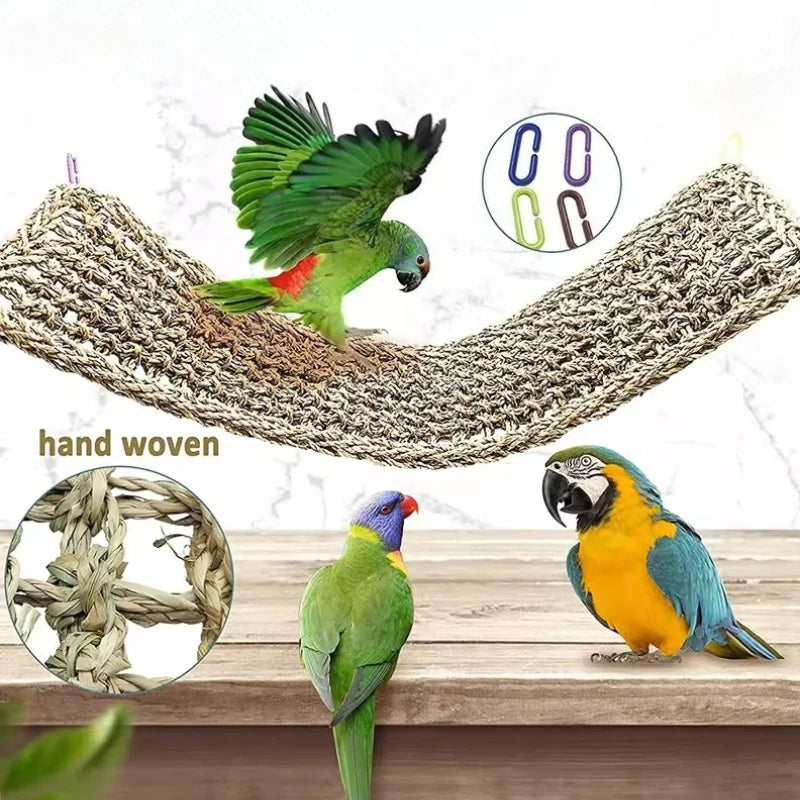 Hand woven natural fiber hammock for a parrot or small bird