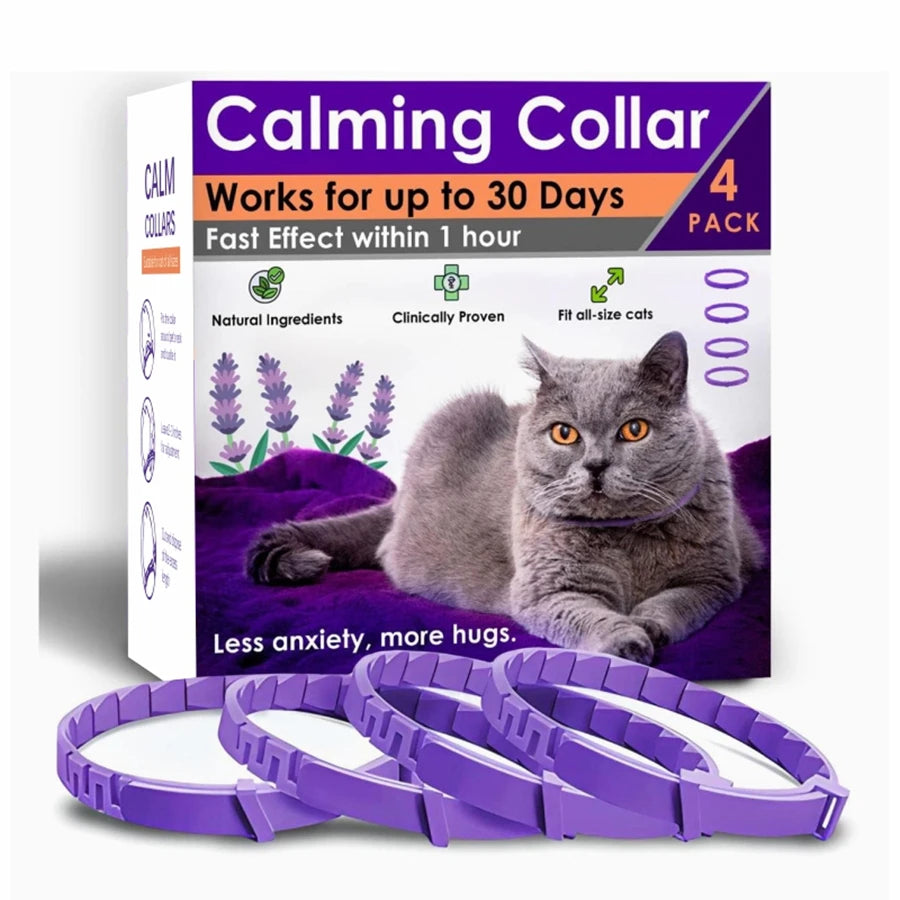Box of Calming Collar for Cats and Dogs with natural ingredients shown next to a purple collar.