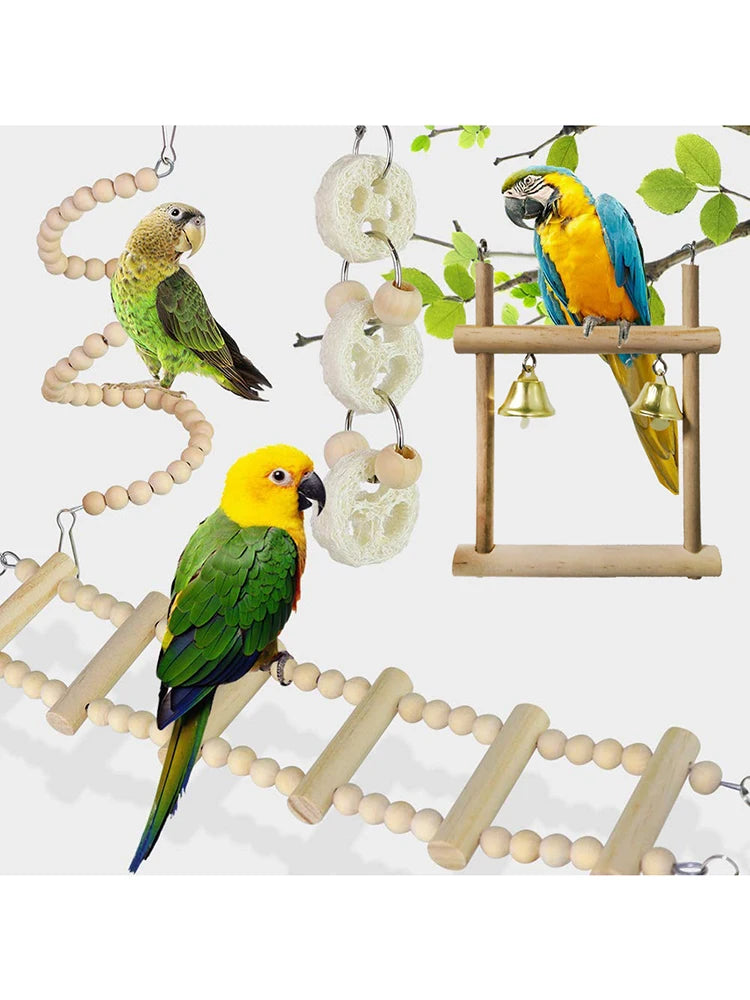 Ensemble de Jouets en Bois pour Oiseaux avec Balances et Clochettes