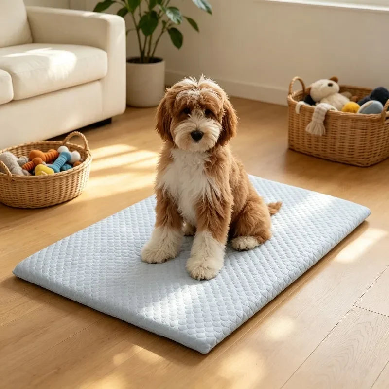 A fluffy golden retriever puppy lies on a light blue quilted pet mat indoors.