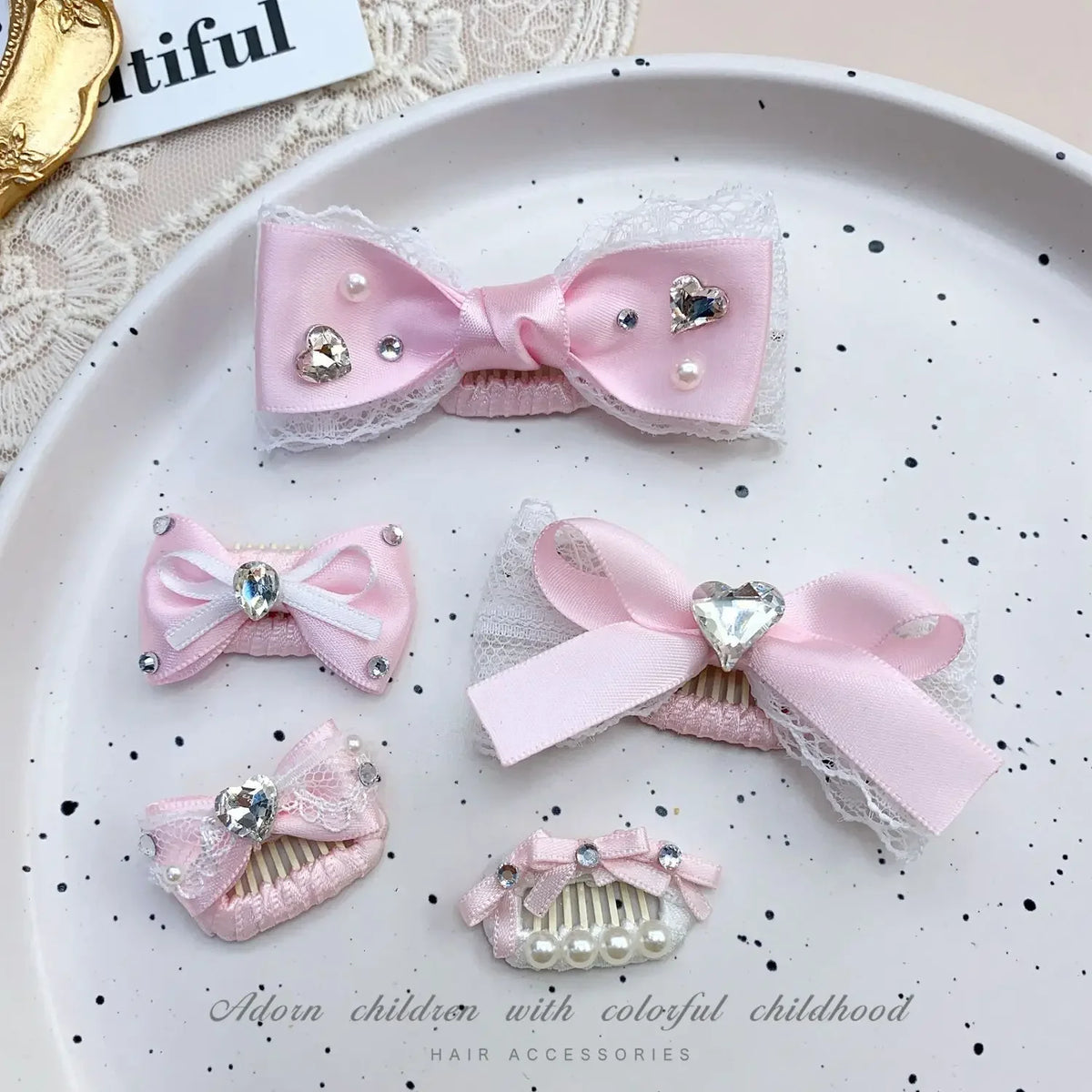 Pink Bow Pet Hair Clip with Rhinestone & Pearl Accents