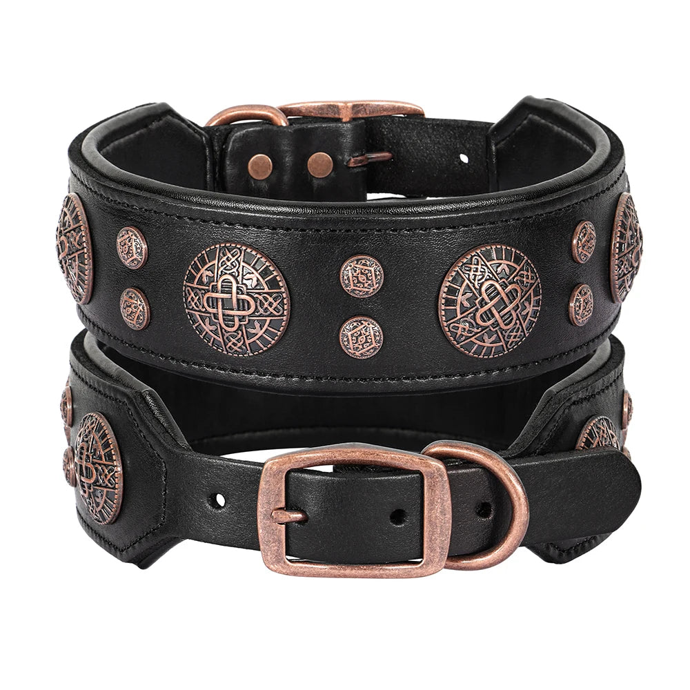 Black genuine leather dog collar with rose gold studs and buckle.