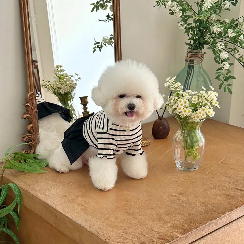 Striped Bow Accent Dog Dress with Flutter Sleeves for Small Breeds