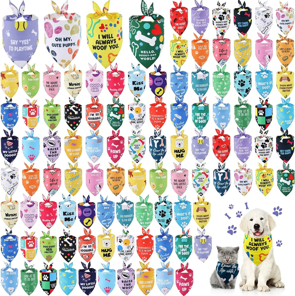 A collection of 100 colorful dog and cat bandanas featuring various designs and sayings