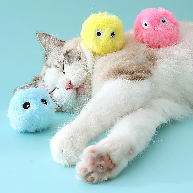 Ein flauschiges graues Kätzchen schläft inmitten von drei bunten Plüschkatzentoys: gelb, rosa und blau.