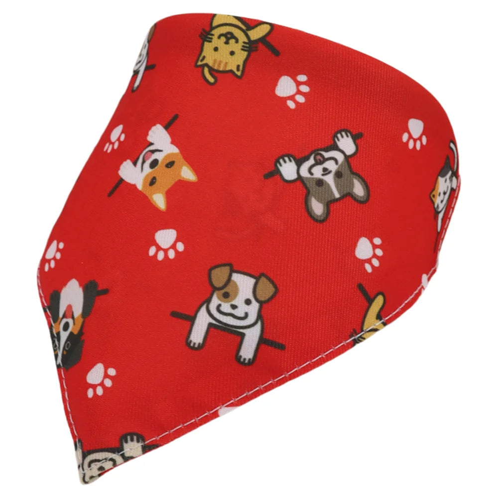 Red cotton bandana with a cartoon print of various dog and cat faces.