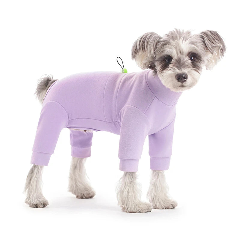 A purple thermal fleece dog jumpsuit with gray fur stands in a standing pose.