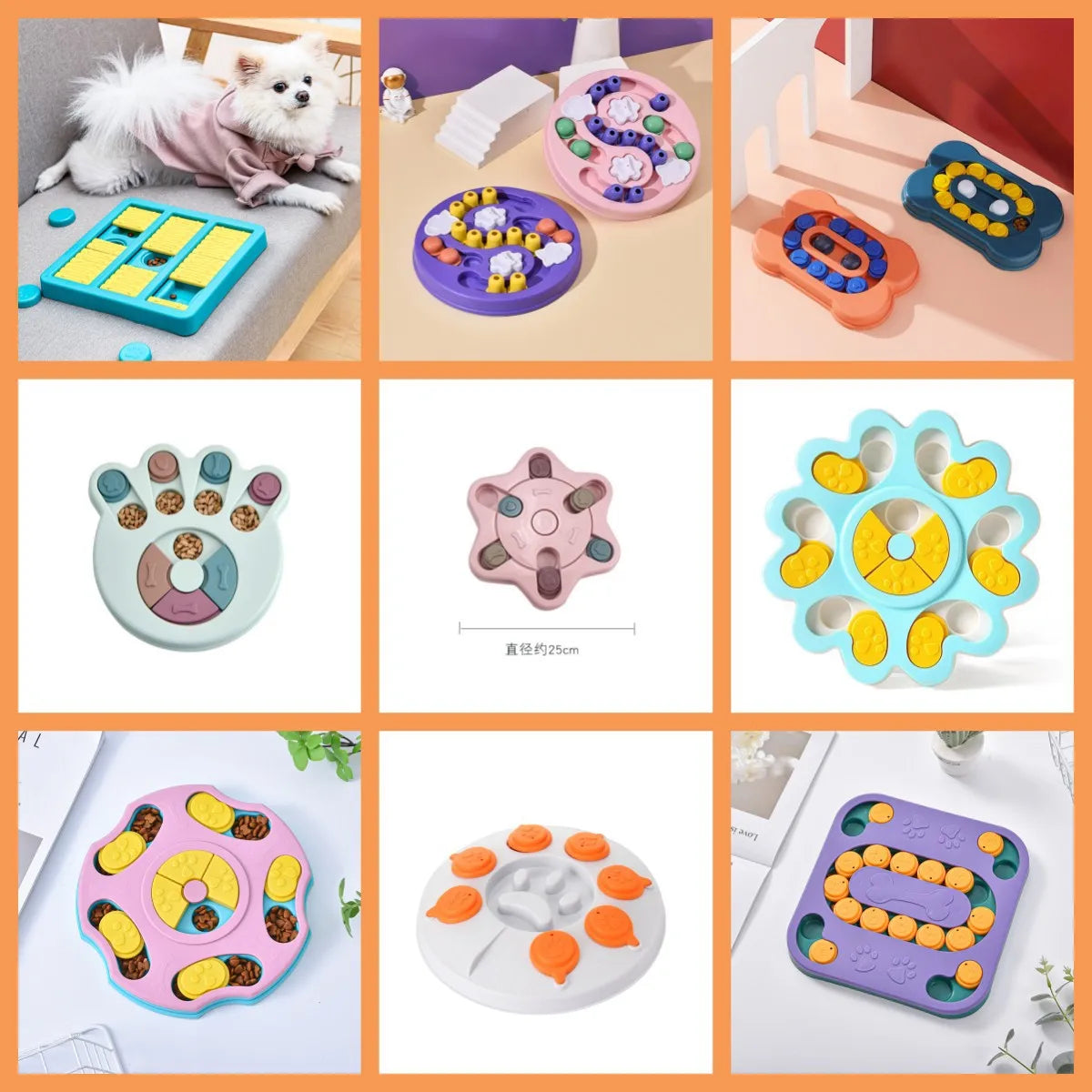 Collection de jouets distributeurs de puzzles interactifs pour chiens et chats, de diverses couleurs et formes.
