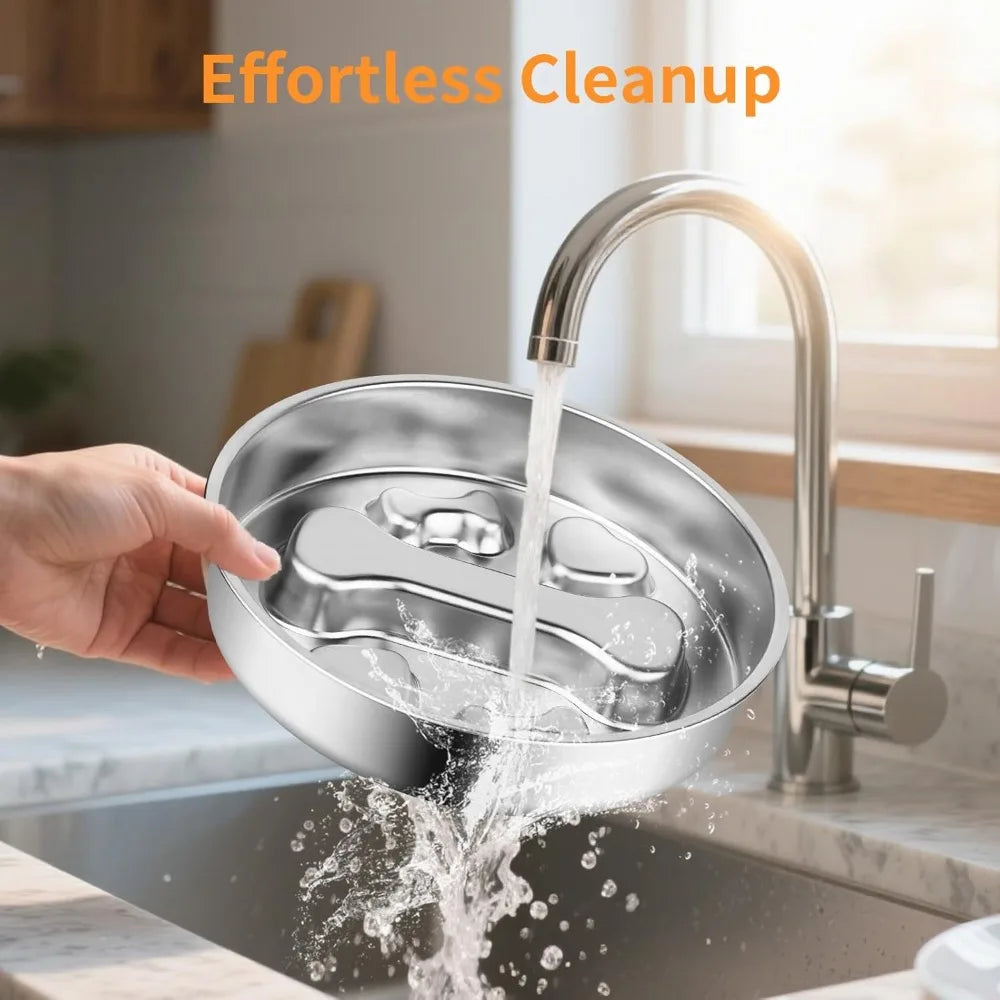 A hand is pouring water into a stainless steel dog bowl using a kitchen faucet.