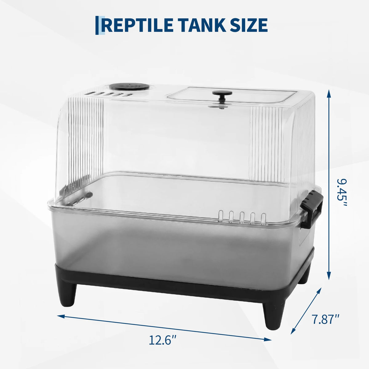 A clear reptile tank with a lid, heating pad, and a bottom tray, shown from the side.