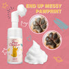 Eine Flasche Paw Cleaner Schaum für Haustiere mit Illustrationen von Produkt und Pfotenabdrücken.