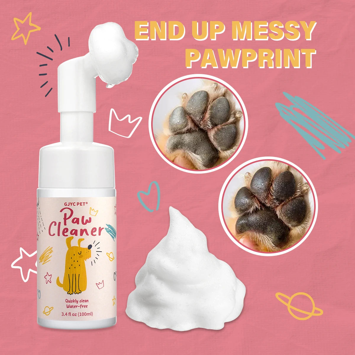 Eine Flasche Paw Cleaner Schaum für Haustiere mit Illustrationen von Produkt und Pfotenabdrücken.