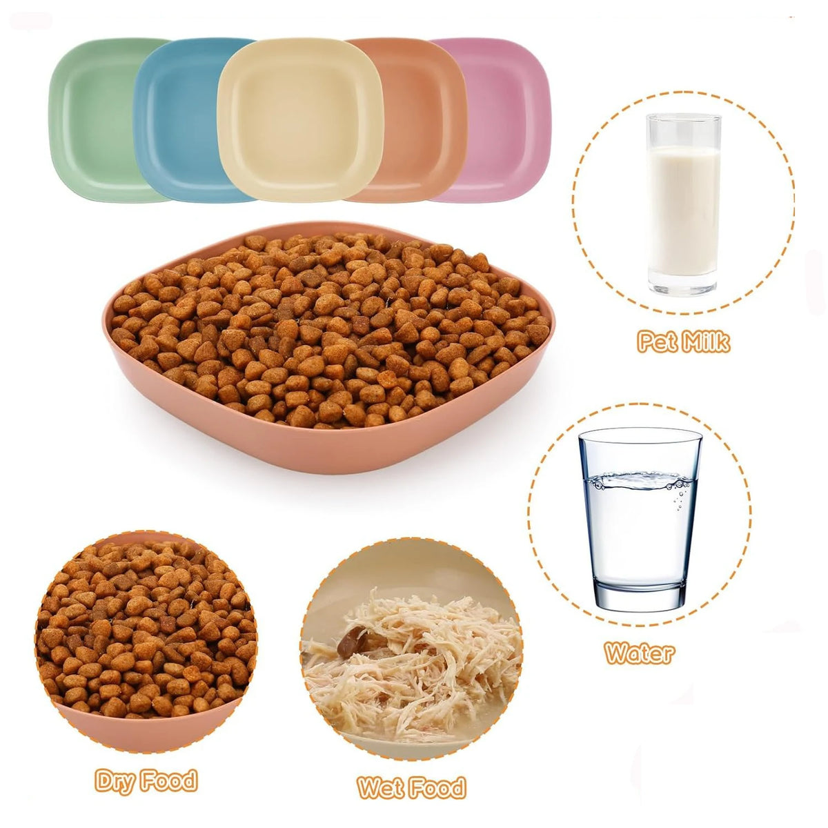 A set of non-slip shallow cat bowls in various pastel colors, showing dry food and wet food options.