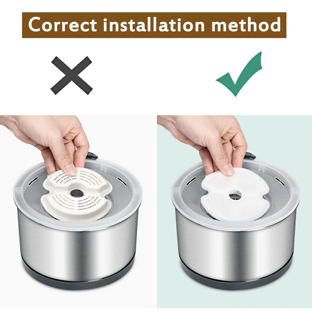 Hands demonstrate the correct installation method for replacement filters in a pet water fountain.