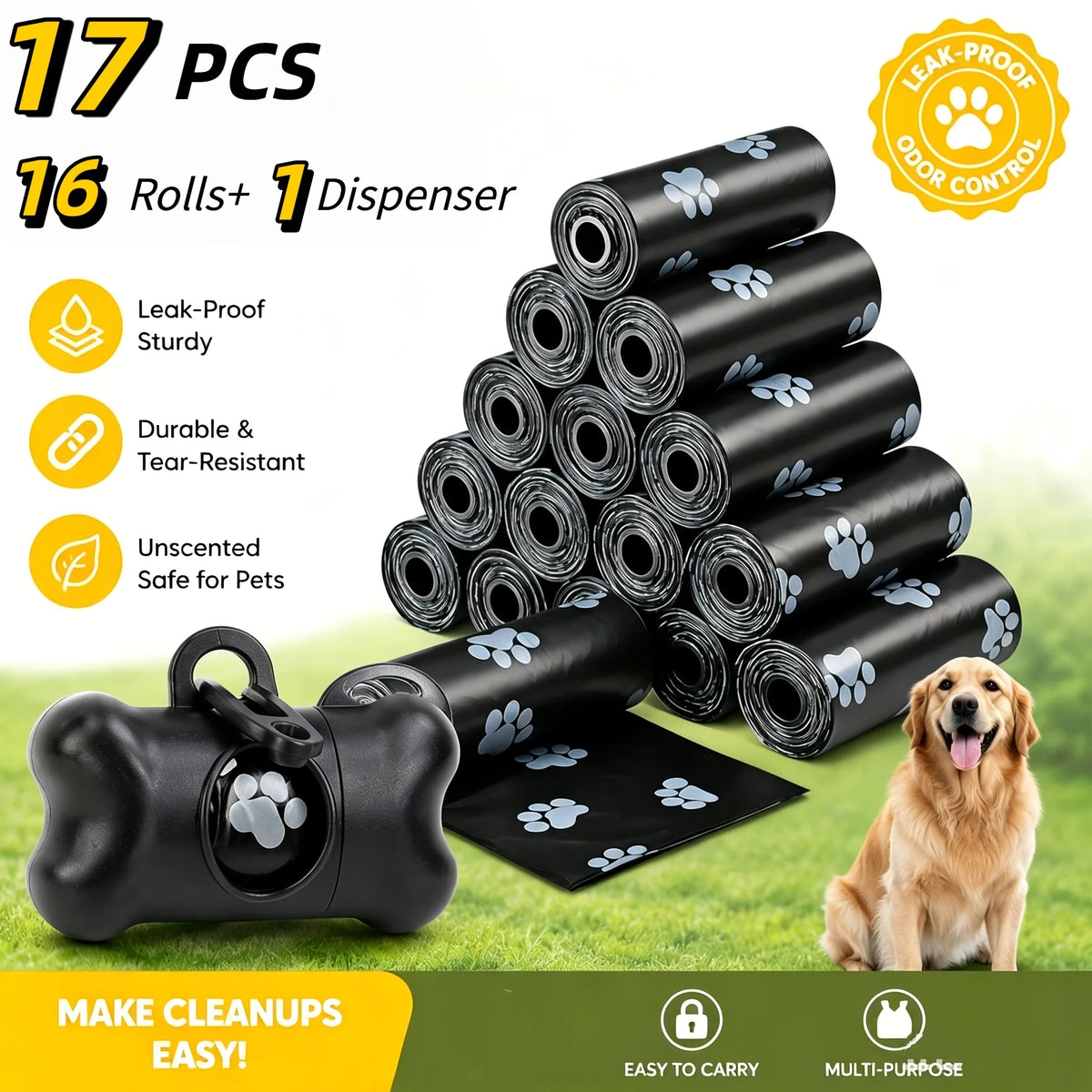 Pet Waste Bags with Dispenser - 320 Count, 16 Rolls Plus Free Leash Clip Holder