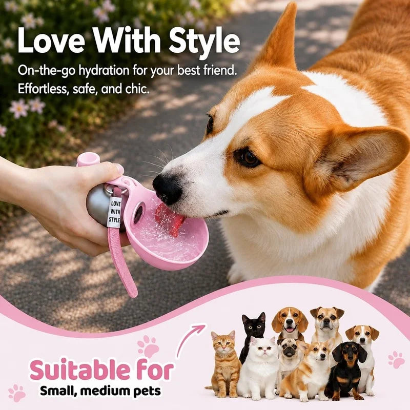 A dog is drinking water from a pink portable stainless steel bottle designed for on-the-go hydration.