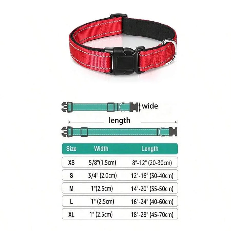 Red and black padded dog collar with reflective safety stripes shown flat