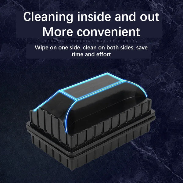 A black magnetic brush for cleaning inside and out aquarium glass, shown on a dark surface.