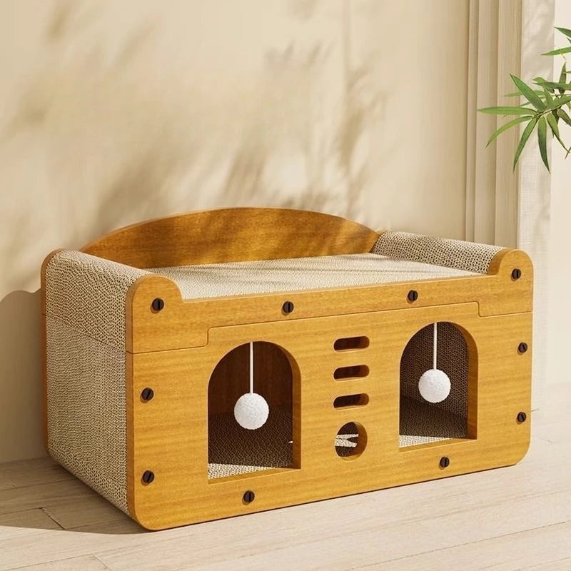 2-in-1 Cat Scratcher House with Hideout and Lounge Bed
