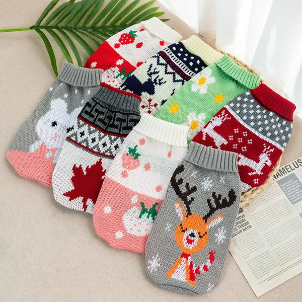 A collection of festive knitted dog sweaters in various patterns and colors laid out on a light surface.
