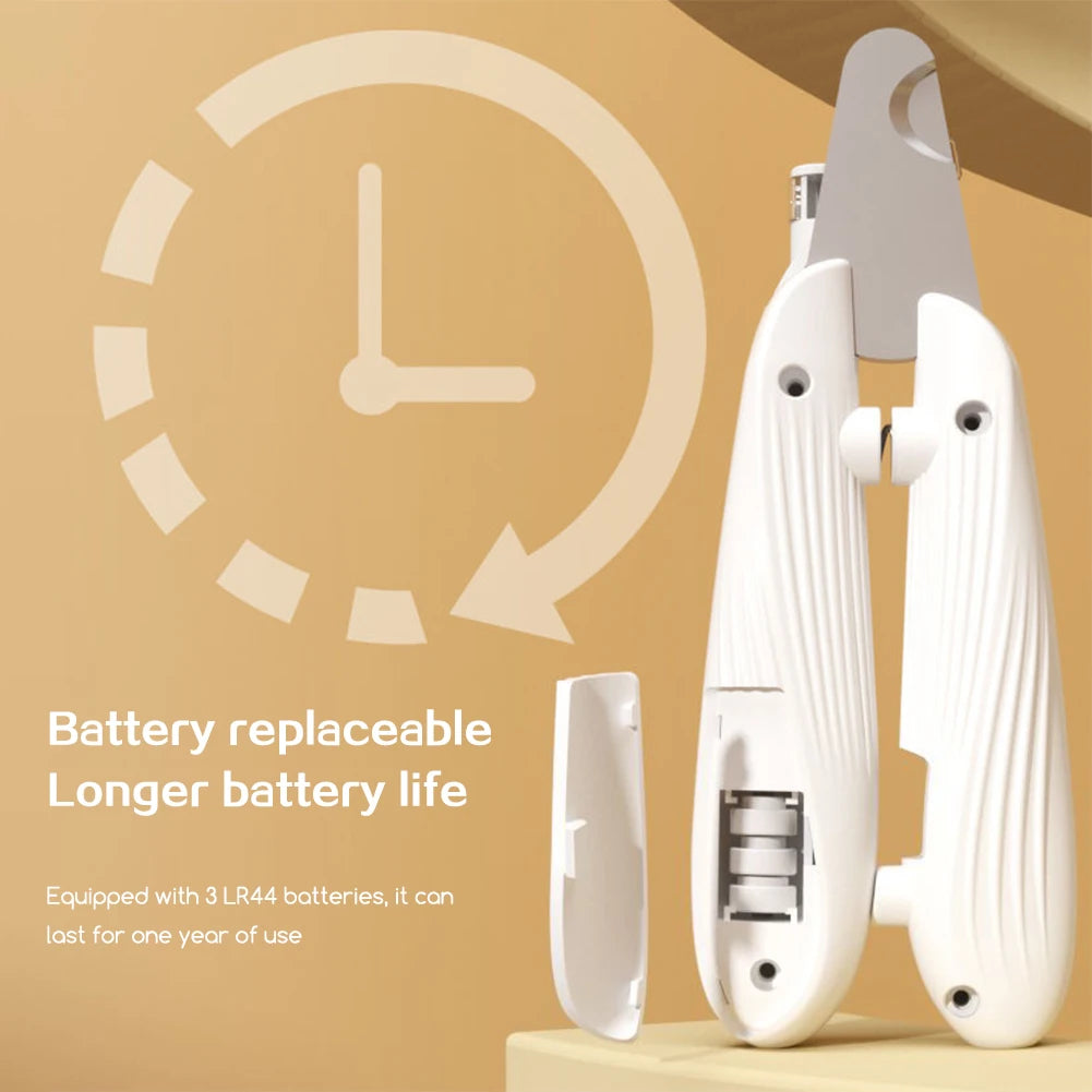 White battery replaceable pet nail clippers with LED light and safety guard