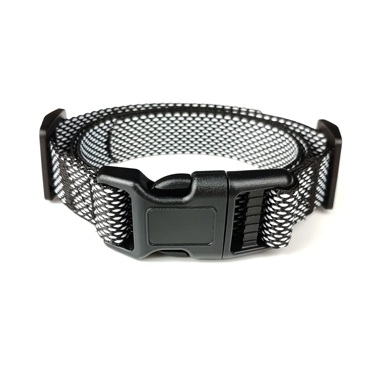 Black nylon dog training collar replacement strap with a buckle and mesh texture.
