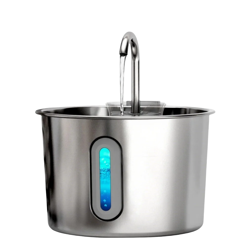Fontaine à eau automatique pour animaux en acier inoxydable avec distributeur vertical et base circulaire.