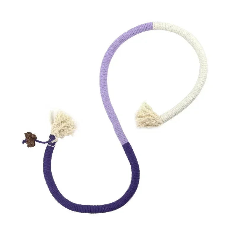 A silvervine-infused cotton rope teaser toy for cats with purple and white striped rope.