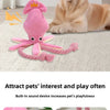 A pink squeaky octopus dog toy with a cotton rope tail is shown next to a golden retriever.