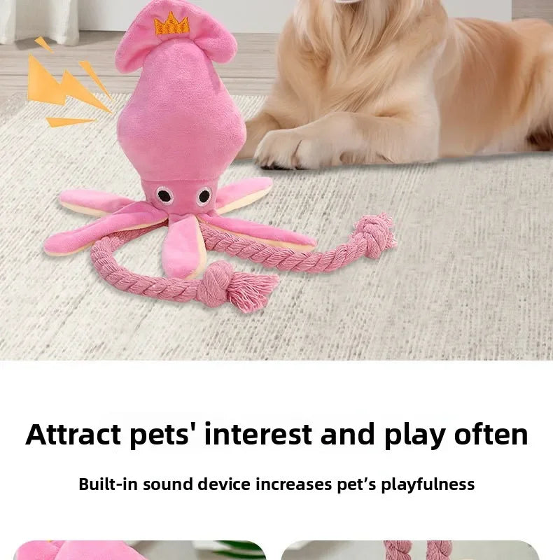 A pink squeaky octopus dog toy with a cotton rope tail is shown next to a golden retriever.