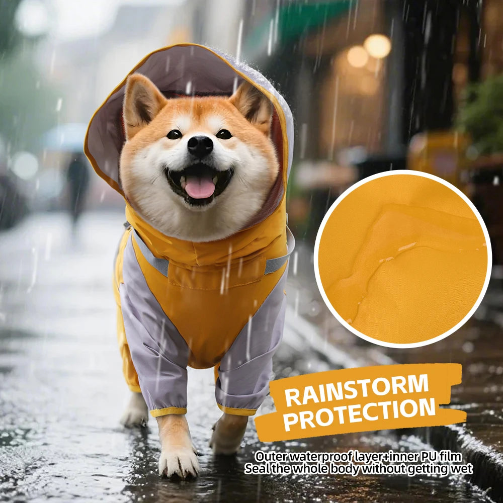 Double-Layer Waterproof Dog Raincoat with Built-in Harness and Detachable Hood