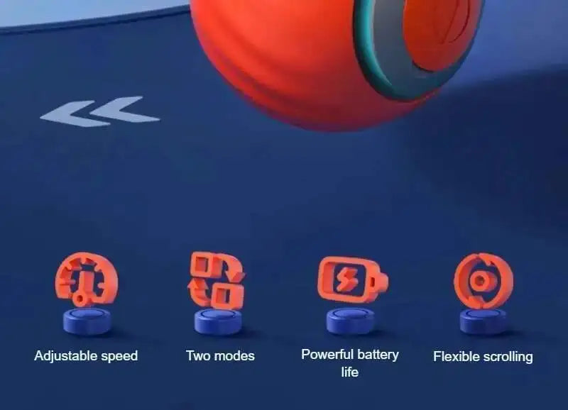 A set of four orange and blue motion toys demonstrating adjustable speed, two modes, powerful battery life, and flexible scro