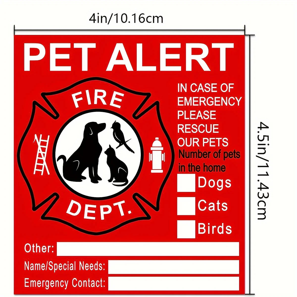 Red window sticker labeled PET ALERT with space for emergency contact information and pet details.