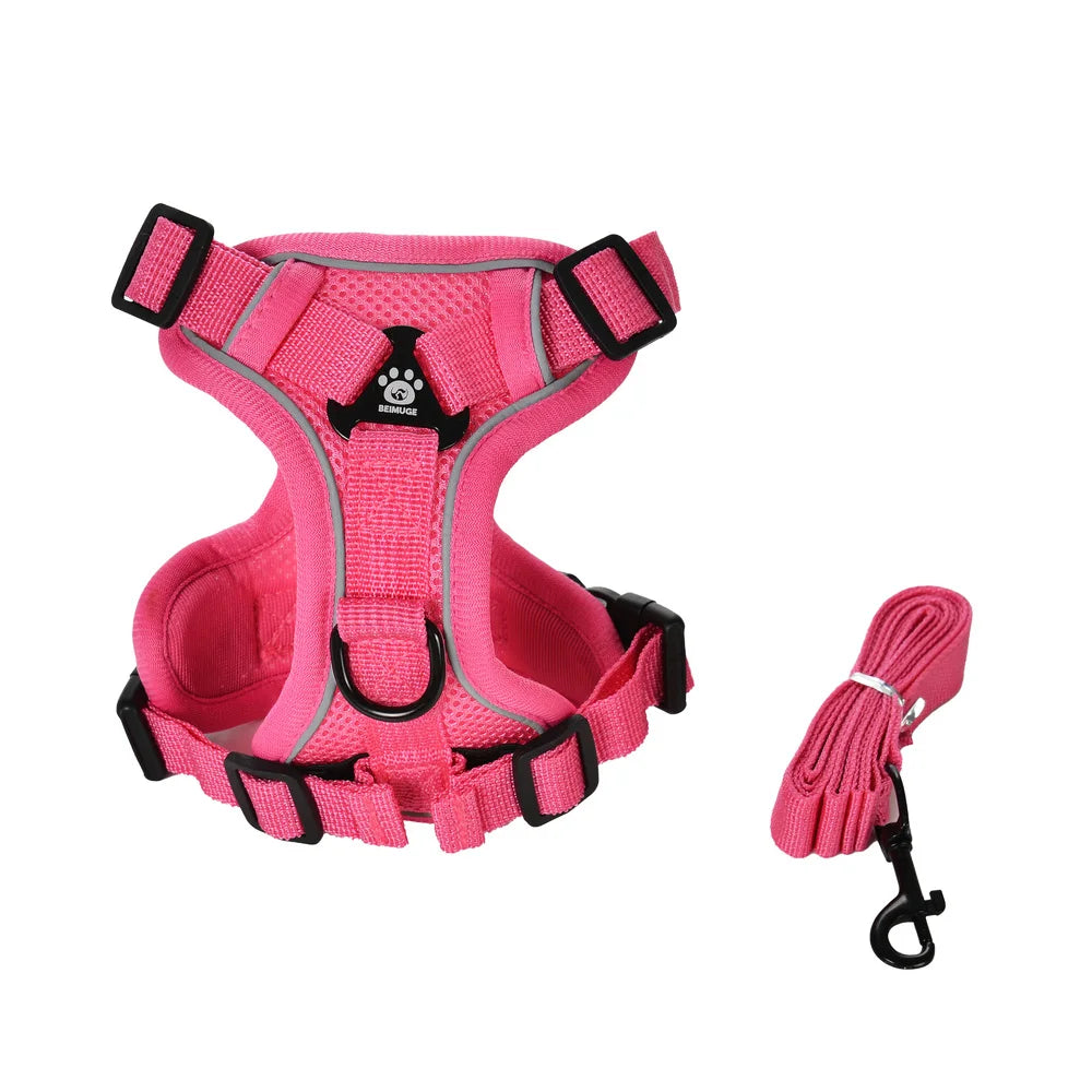 Pink adjustable no-pull dog harness and leash set with reflective strips