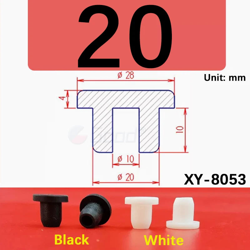 A set of black and white silicone rubber hole plugs with a diameter of 20 mm shown on a red surface.